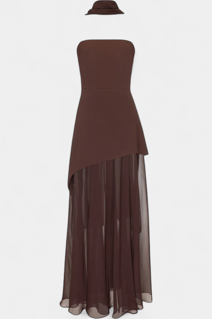 Maxi Pilgrim Dress with Off-Shoulder Sleeves Made of Chiffon with a Side Slit