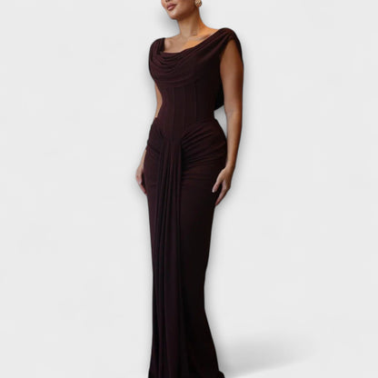 Elara - Chic Brown Maxi Evening Dress with Draped Neckline