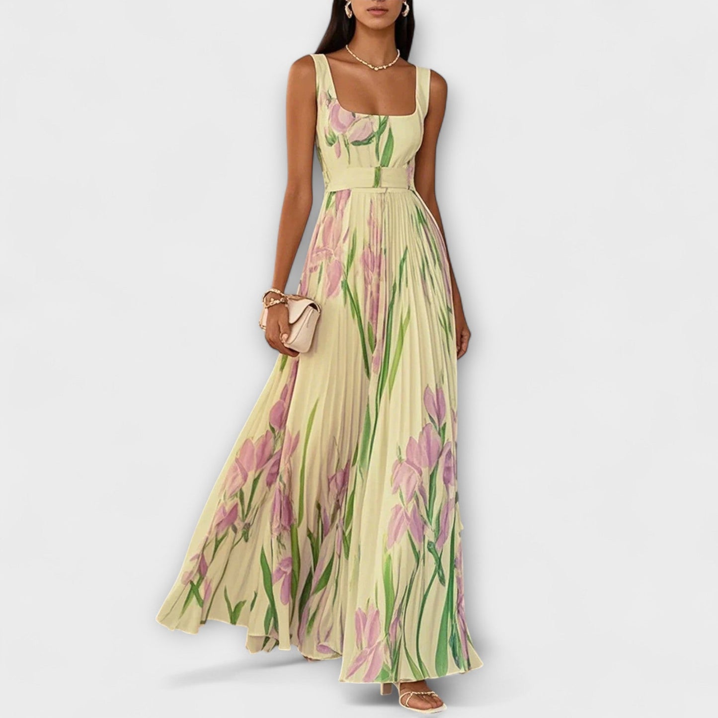 Floral Chiffon Maxi Dress with Pleats