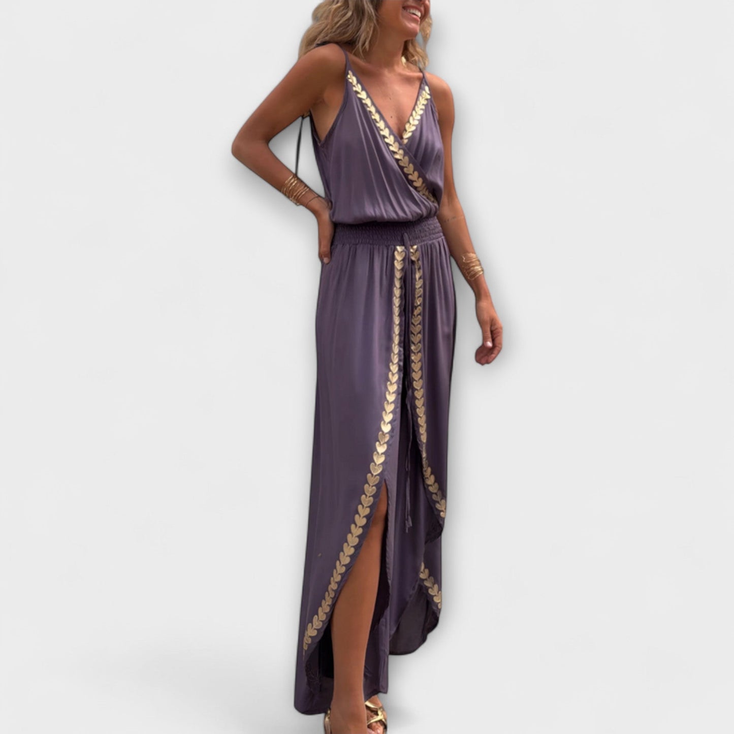 Angela - Donatila V-Neck Jumpsuit with Embroidery and Open Legs