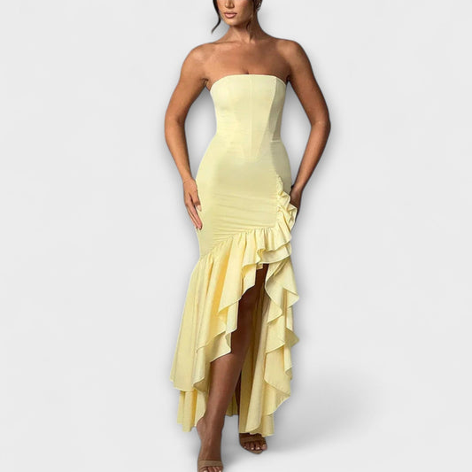 Zuri - Off-Shoulder Slim Fit Maxi Dress with Asymmetrical Hemline