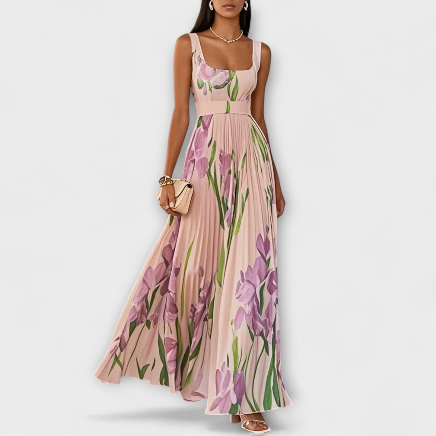 Floral Chiffon Maxi Dress with Pleats