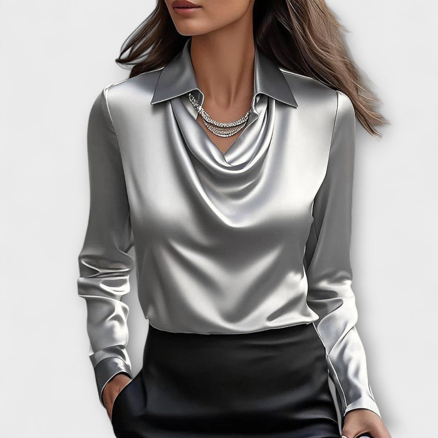 Shiny Blouse with Ruffled Neckline