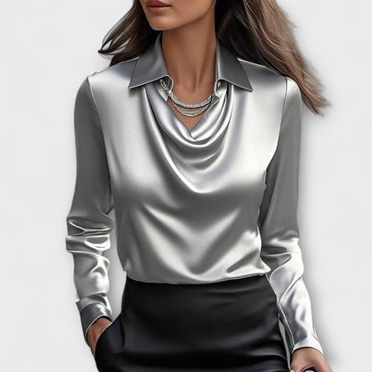 Shiny Blouse with Ruffled Neckline