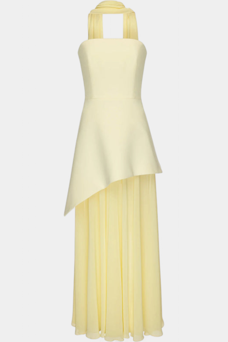 Maxi Pilgrim Dress with Off-Shoulder Sleeves Made of Chiffon with a Side Slit