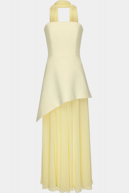 Maxi Pilgrim Dress with Off-Shoulder Sleeves Made of Chiffon with a Side Slit