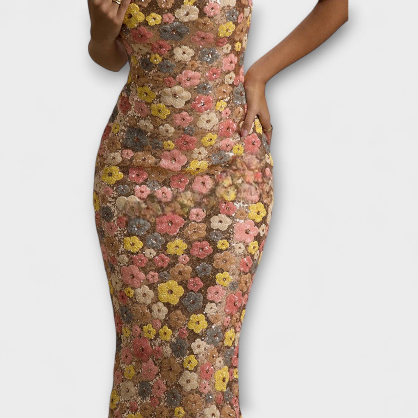 Oakley - 80s Style Maxi Dress with Floral Sequins