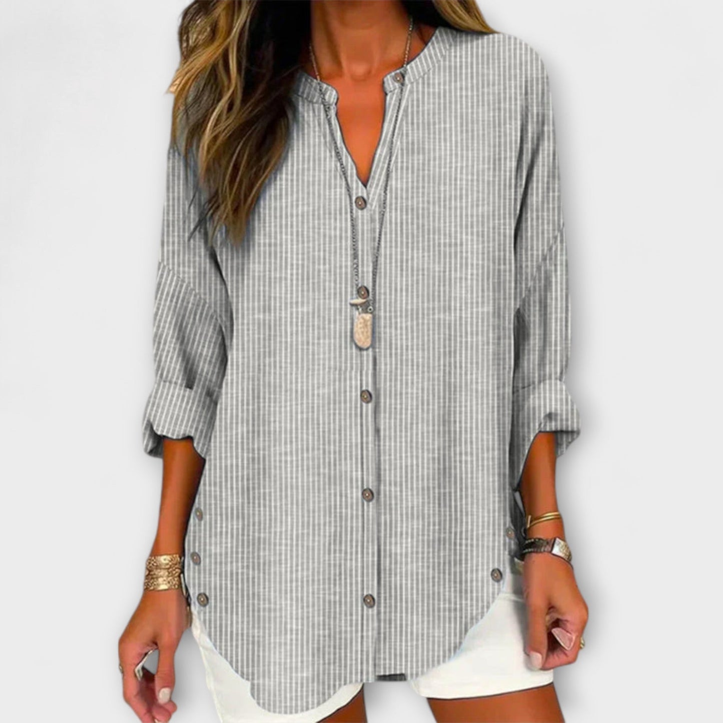 Lucida – Chic V-Neck Top with Classic Striped Design