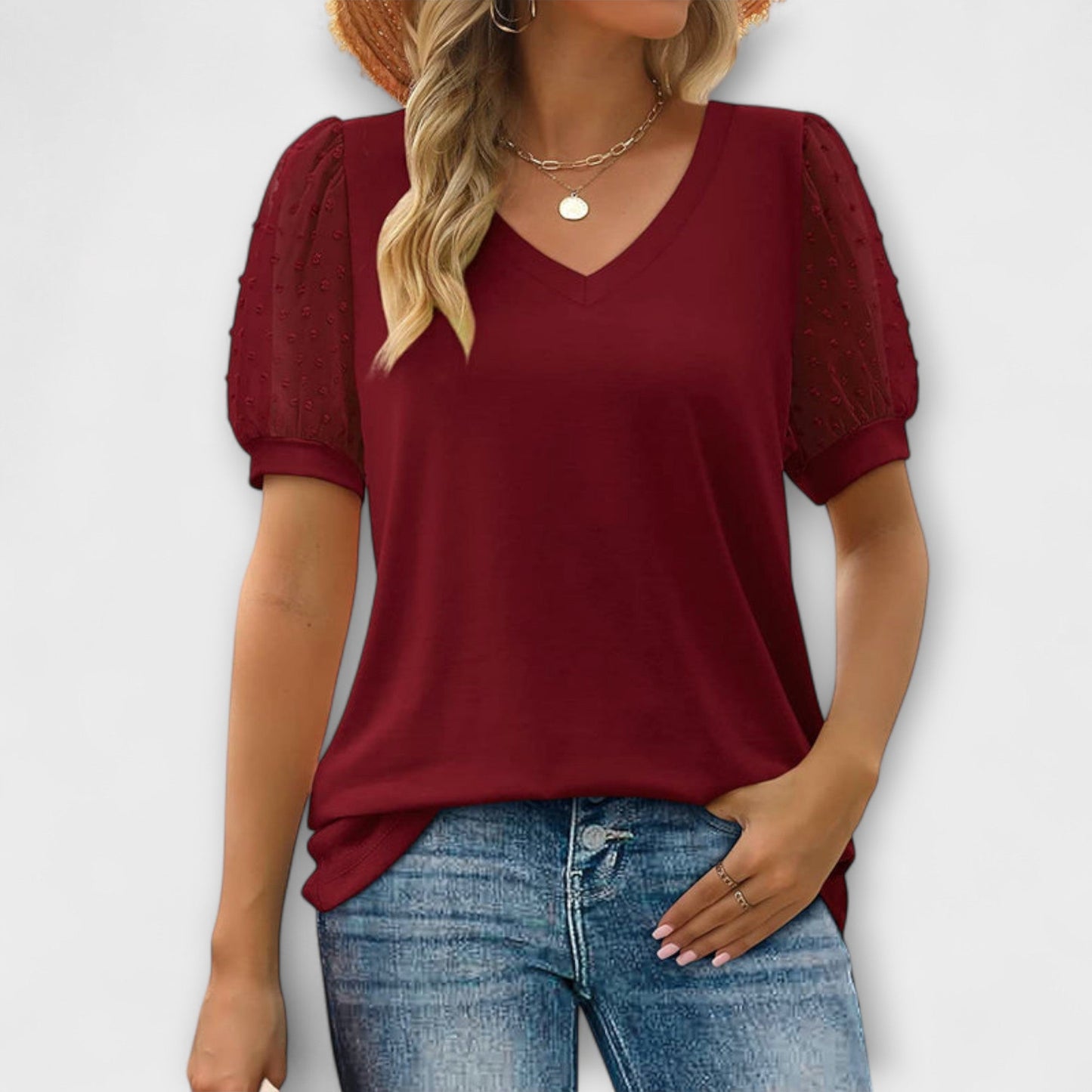 Rema - V-Neck Top with Sheer Sleeves