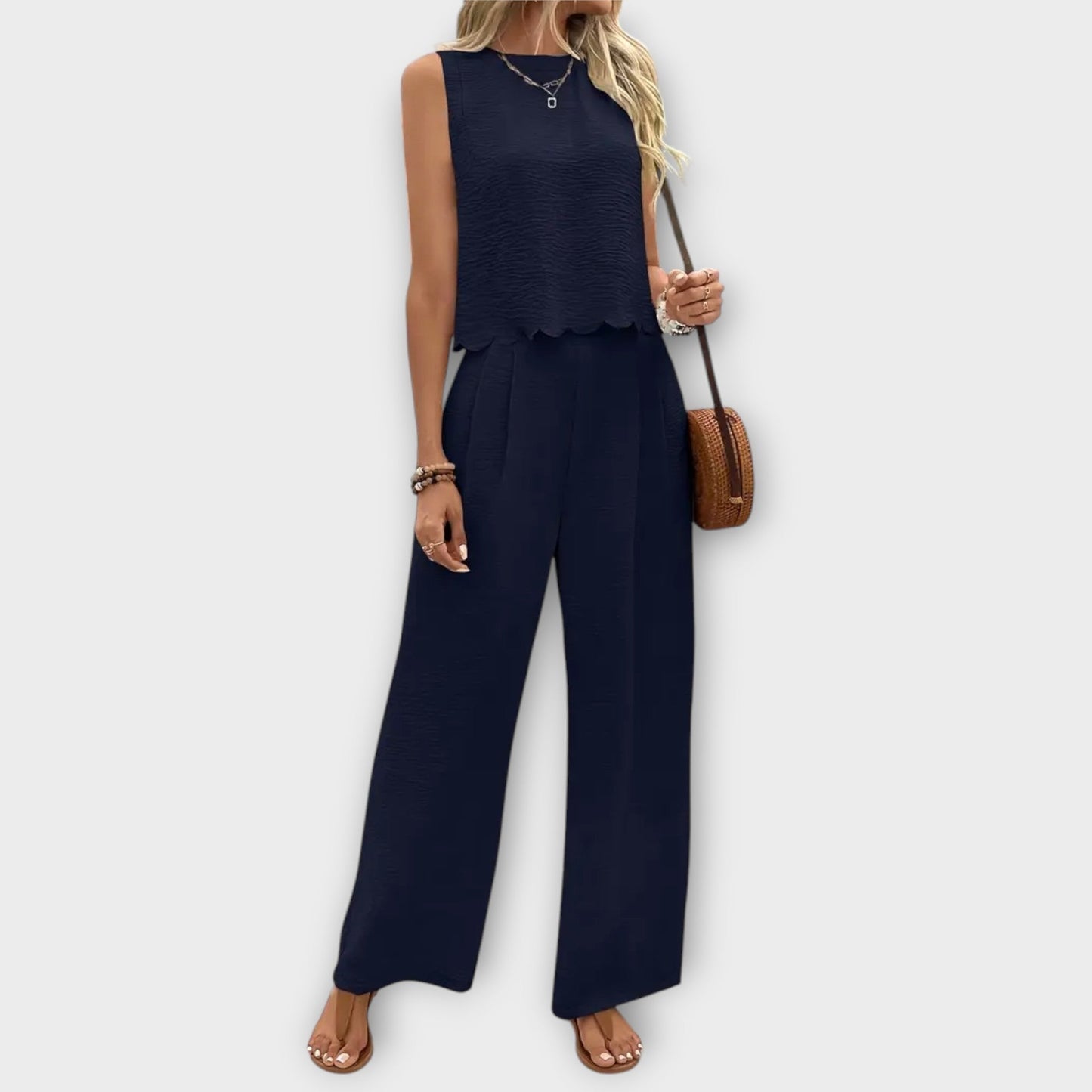 Valeria - Petal Trim Vest and Long Pants Set