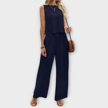 Valeria - Petal Trim Vest and Long Pants Set
