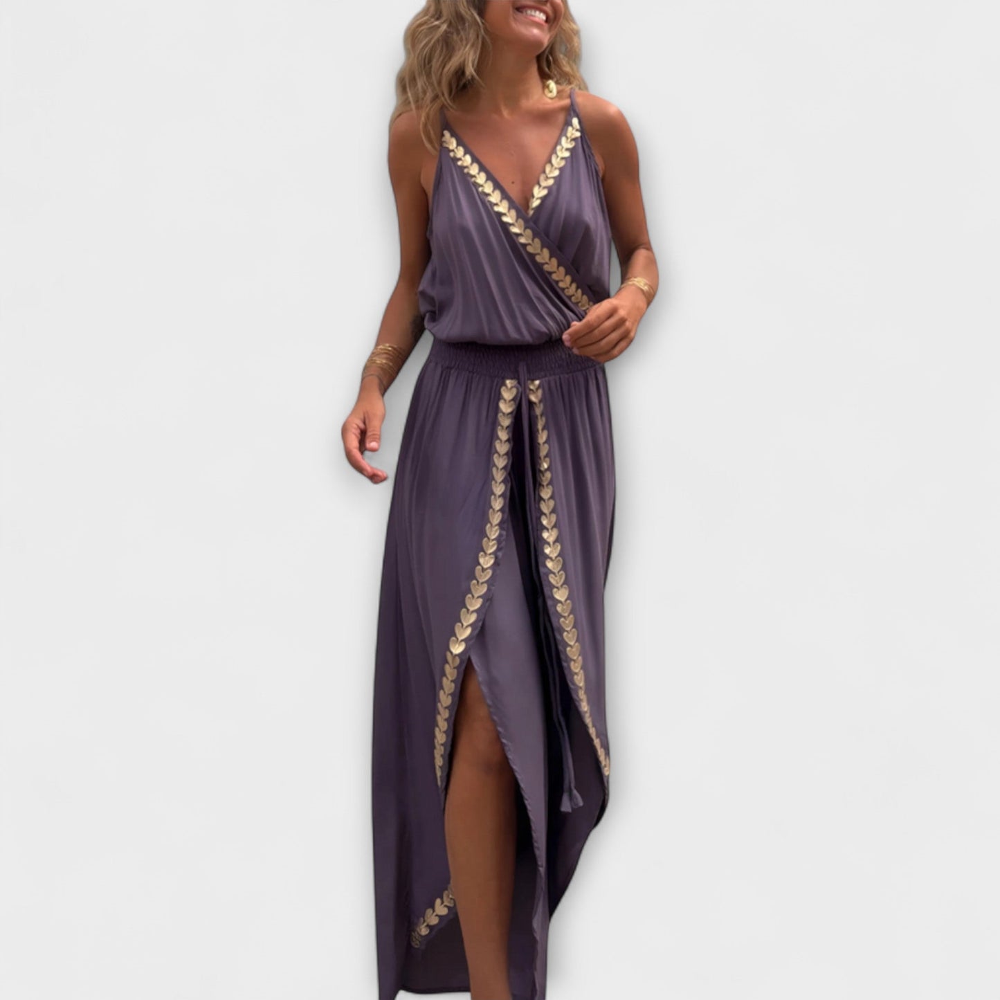 Angela - Donatila V-Neck Jumpsuit with Embroidery and Open Legs