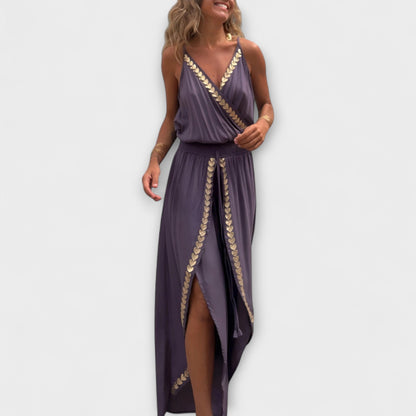 Angela - Donatila V-Neck Jumpsuit with Embroidery and Open Legs