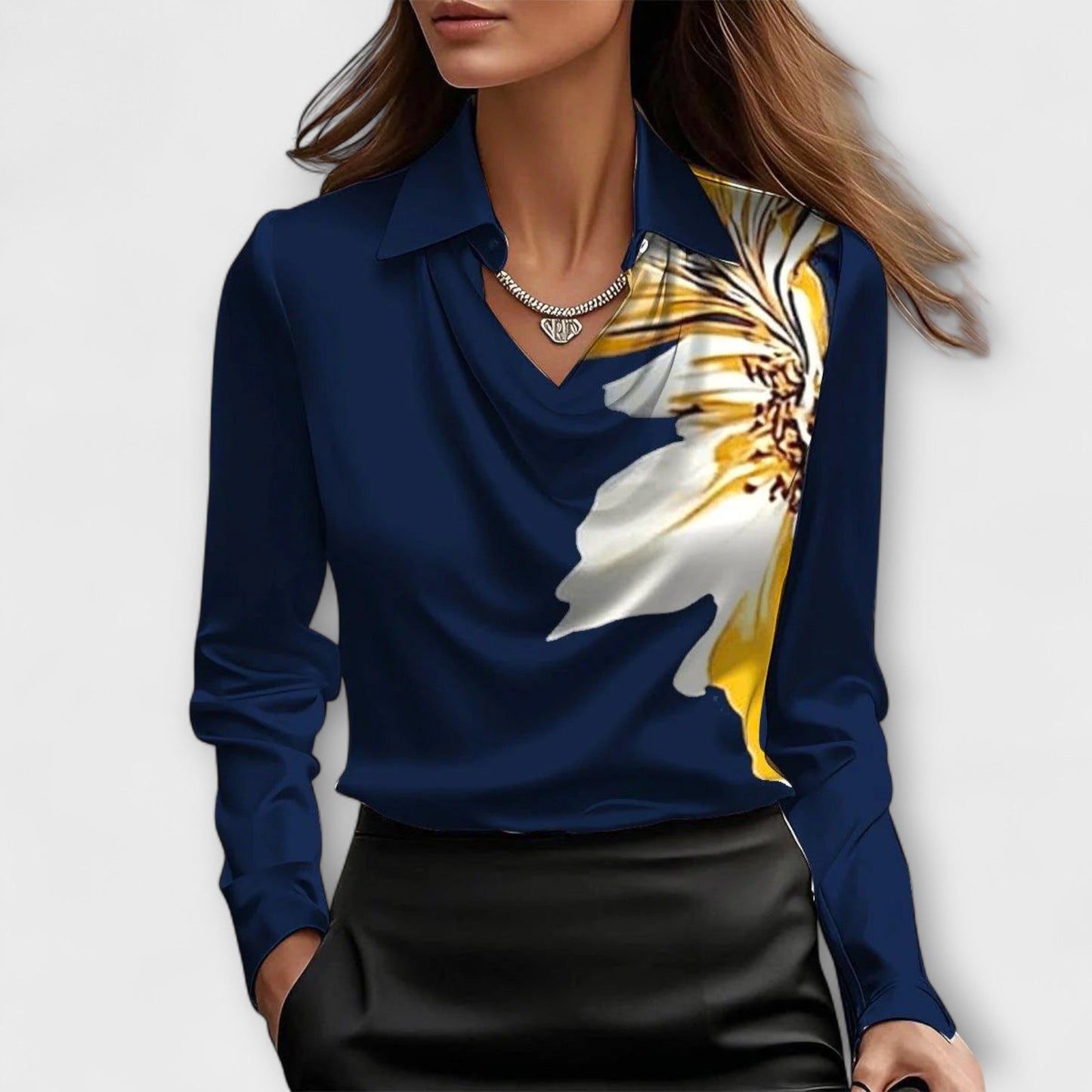 Shiny Blouse with Ruffled Neckline