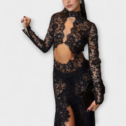 Azalea - Midnight Elegance Sheer Cutout Long Sleeve Stretch Maxi Dress