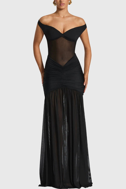 Long Silk Dresses with Deep Neckline and Elegant Pleats
