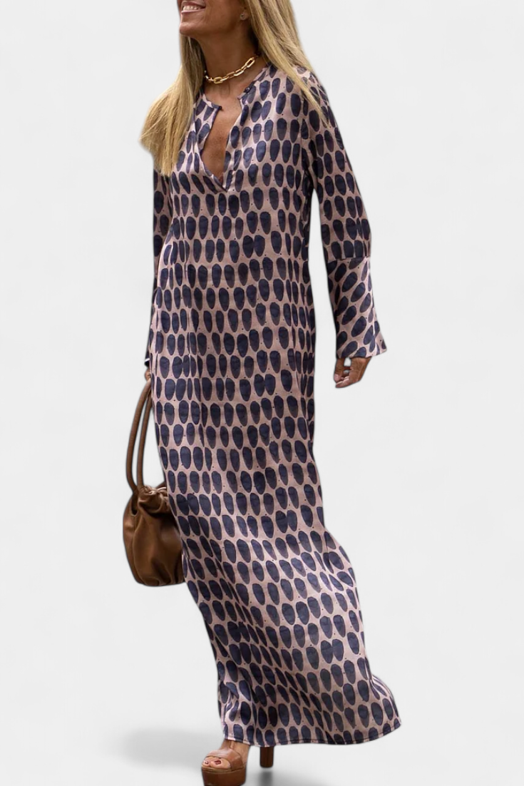 Brisa Long Geometric Dress with Side Slit and V-Neck