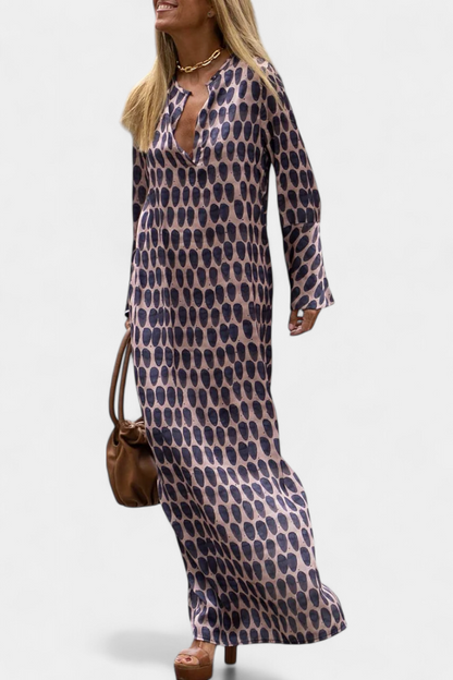 Brisa Long Geometric Dress with Side Slit and V-Neck