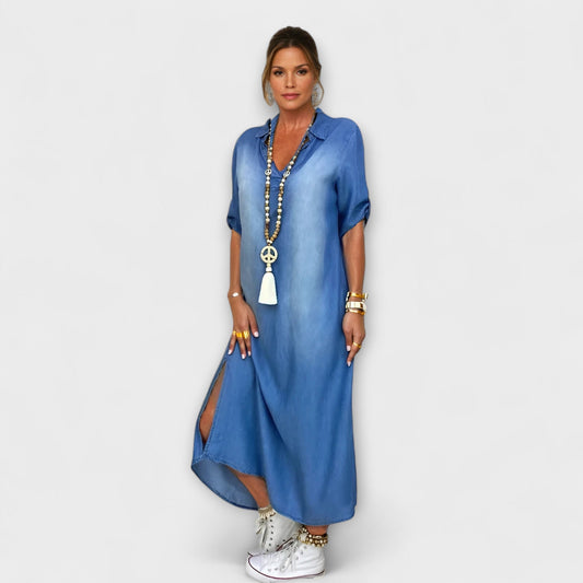 Lea - Long Denim-Style Dress with Side Slit