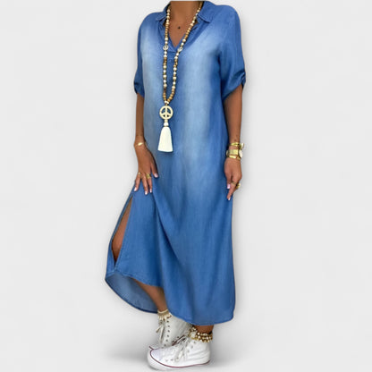 Lea - Long Denim-Style Dress with Side Slit