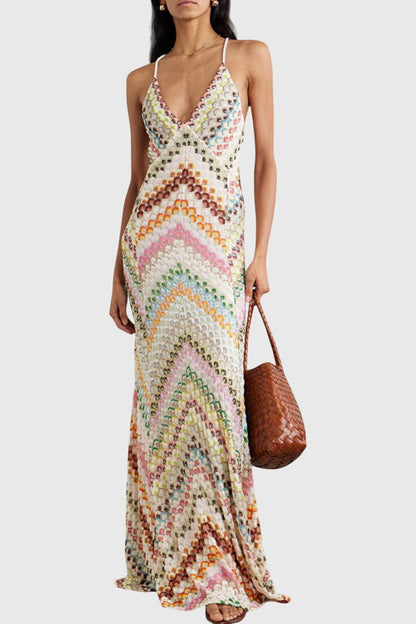 Long Agostina Dress with Lace and V Scott and Zigzag Pattern