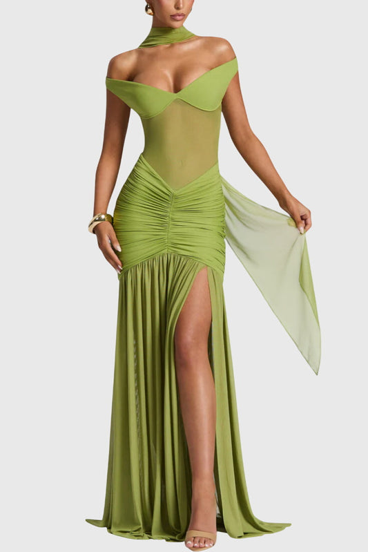 Long Silk Dresses with Deep Neckline and Elegant Pleats