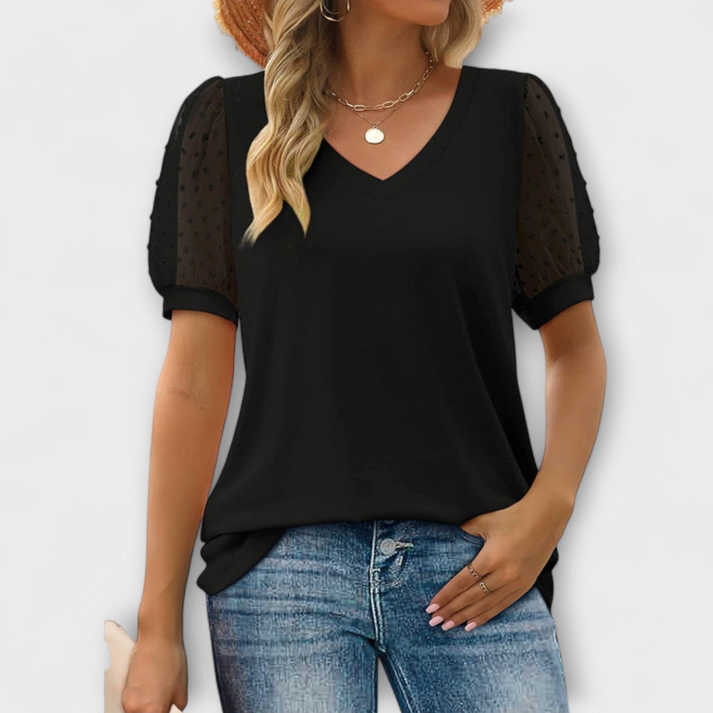 Rema - V-Neck Top with Sheer Sleeves