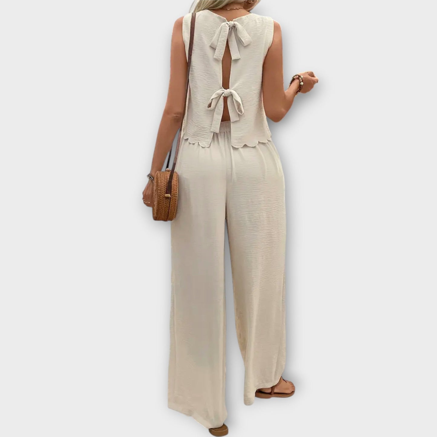 Valeria - Petal Trim Vest and Long Pants Set