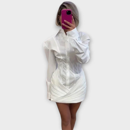 Indie - Long Sleeve White Pleated Shirt Dress