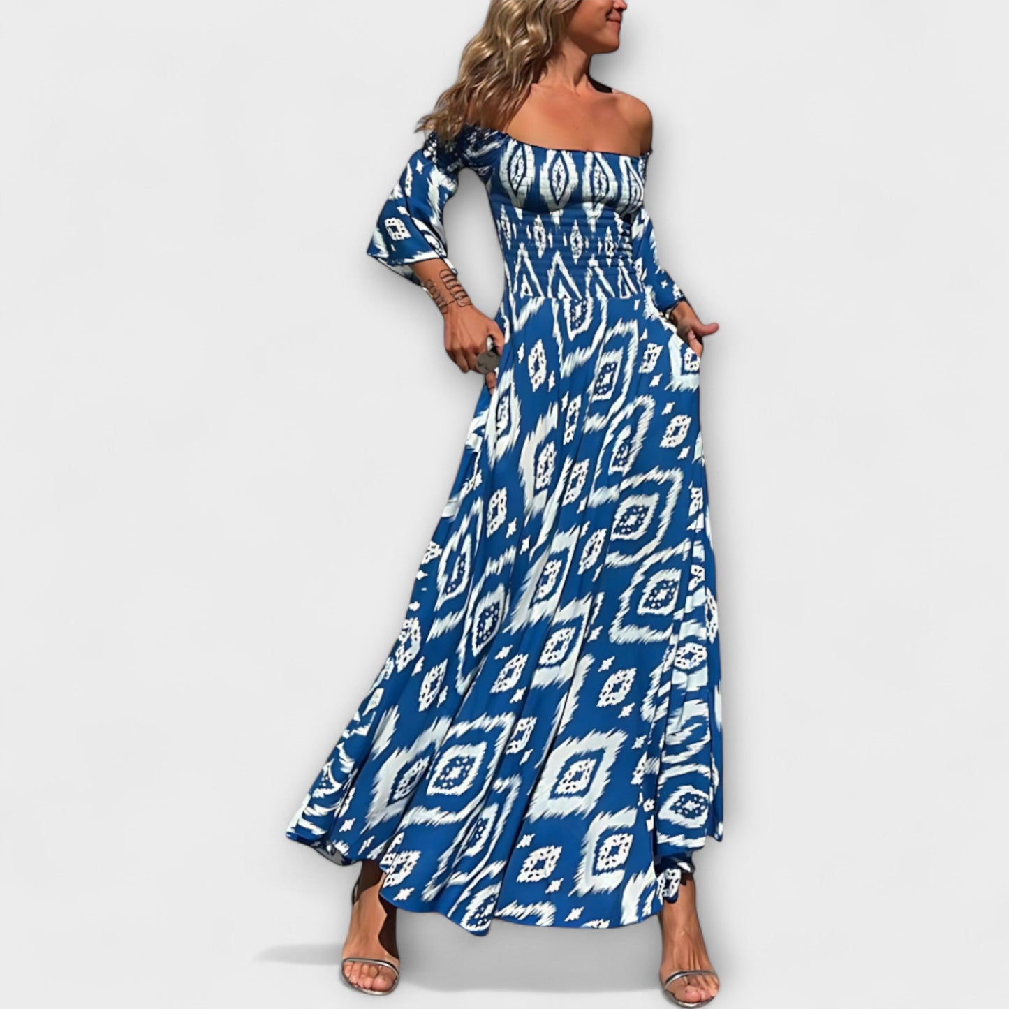 Bella - Off-Shoulder Dress with Ocean Floral Print
