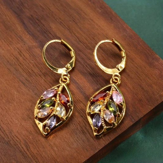 Vintage Gold Leaf Earrings with Colorful Zirconia