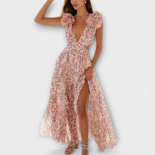 Elin - Maxi Dress with Ruffled Hem and Cut-Out Accents