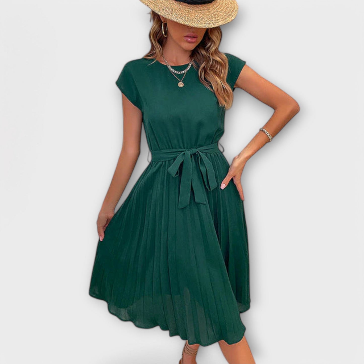 Claire - Casual Midi Dress with Short Sleeves and Pleats