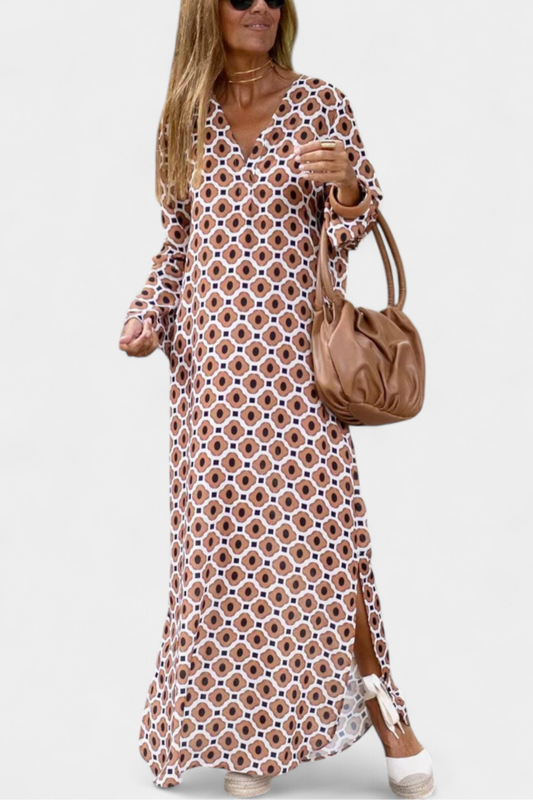 Brisa Long Geometric Dress with Side Slit and V-Neck