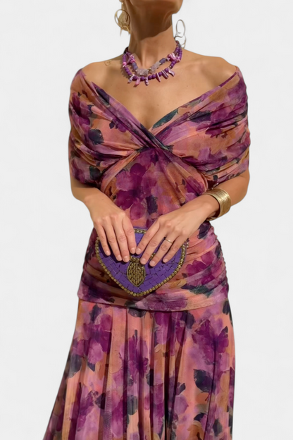 Alondra Long Dress with Fantasy Floral Print and V-Neck