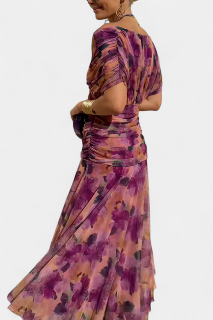 Alondra Long Dress with Fantasy Floral Print and V-Neck