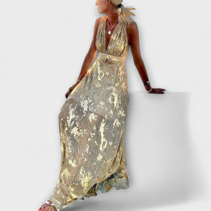 V-Neck Sequin Detail Flowing Dress