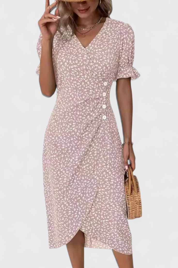 Joana Midi Floral Dress with V-Neck and Short Sleeves