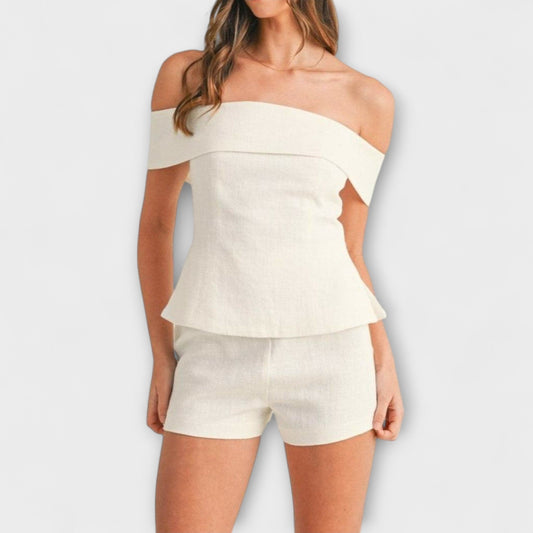 Olivia - White Cotton-Linen Two-Piece Outfit