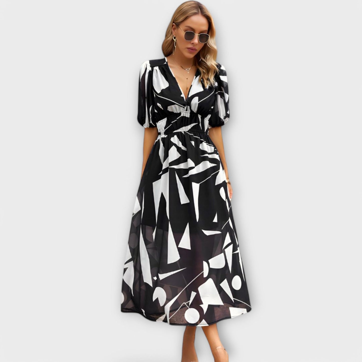 Abstract Maxi Dress with Balloon Sleeves