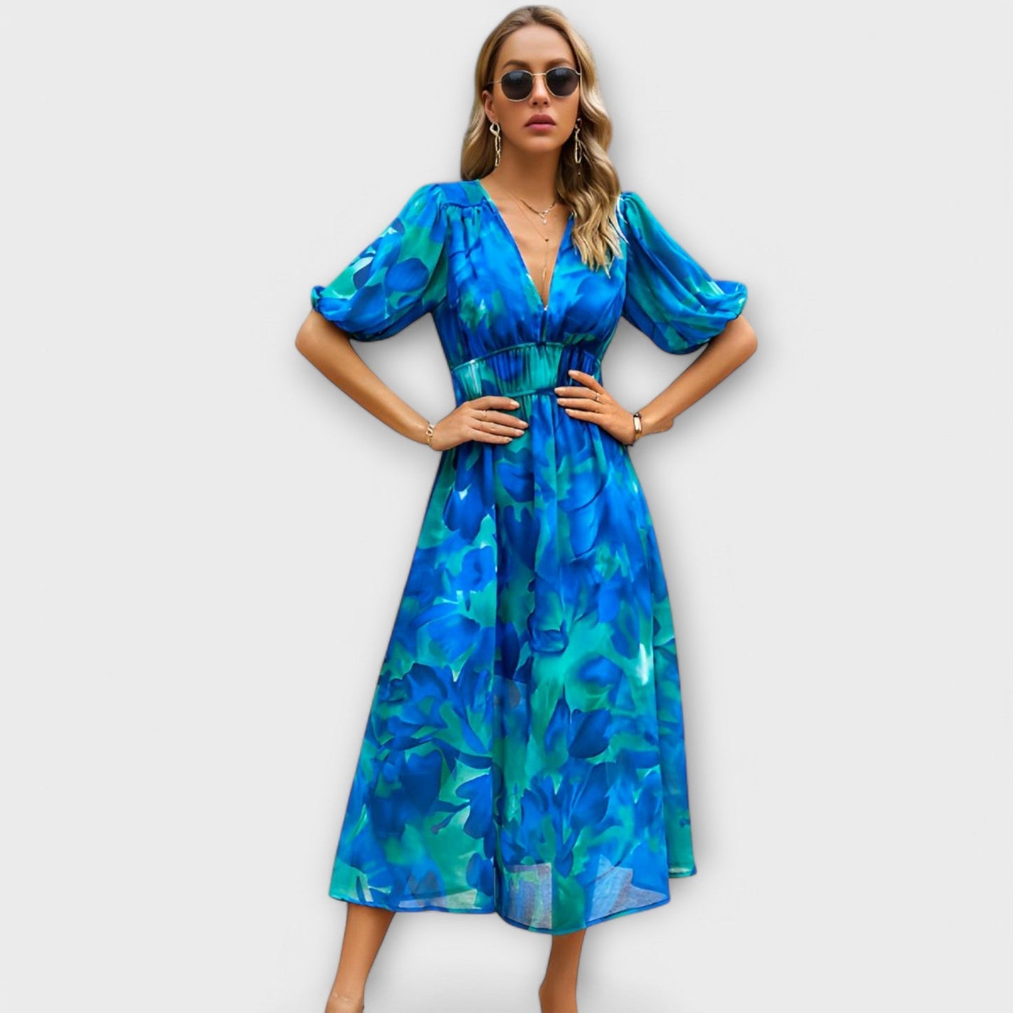 Abstract Maxi Dress with Balloon Sleeves