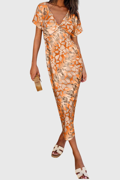 Dresses with Abstract Print and V-Neck Exposure