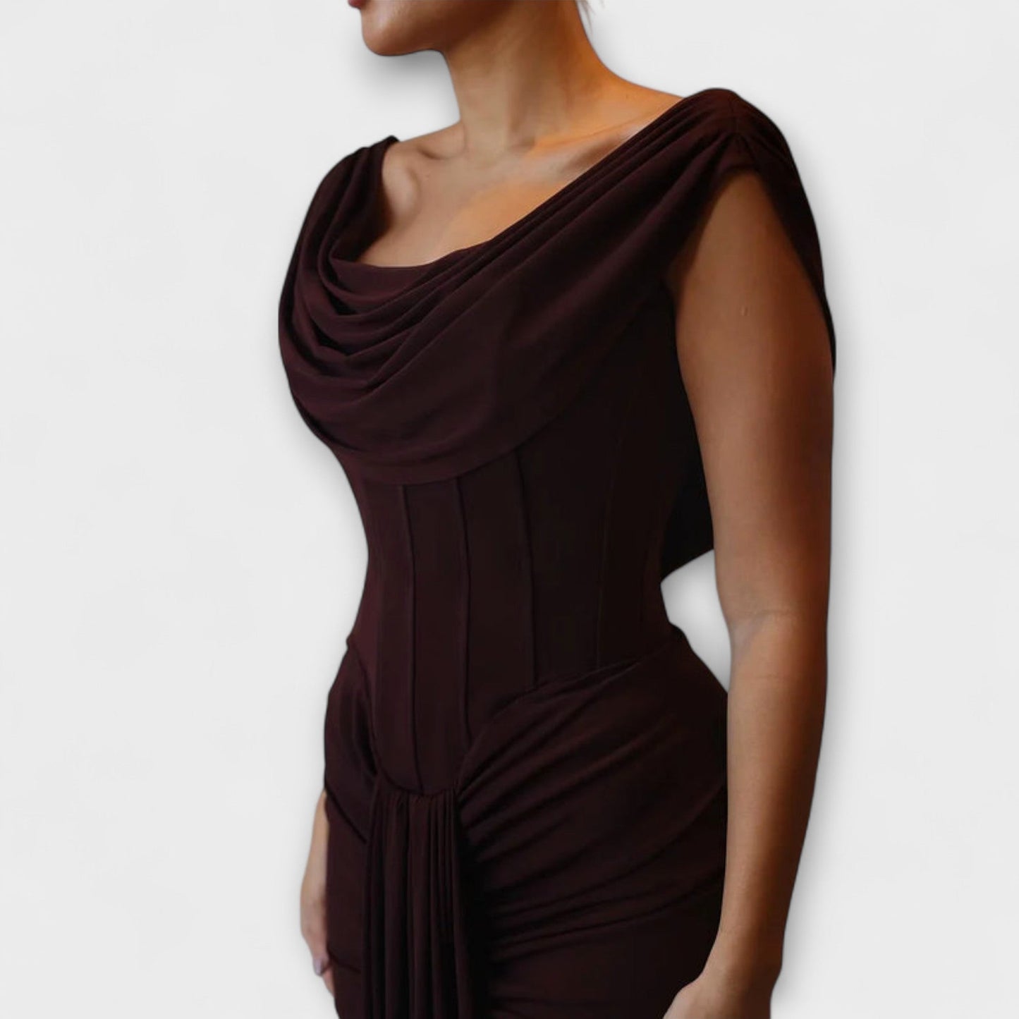 Elara - Chic Brown Maxi Evening Dress with Draped Neckline
