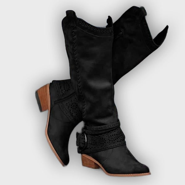 Aisling – Women’s Tall Boots with Embroidered Shaft & Buckle Strap – Suede-Like Finish