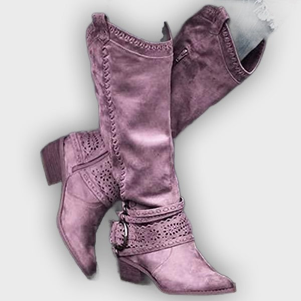 Aisling – Women’s Tall Boots with Embroidered Shaft & Buckle Strap – Suede-Like Finish