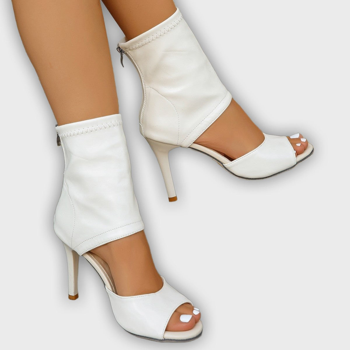 Alvhild – Women’s Peep Toe Ankle Boots Back Zip, High Heel, Polished PU Leather