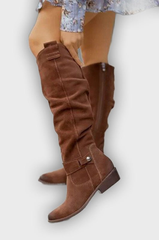 Amaya – Women’s Knee-High Suede-Look Boots with Buckle Detail & Side Zip