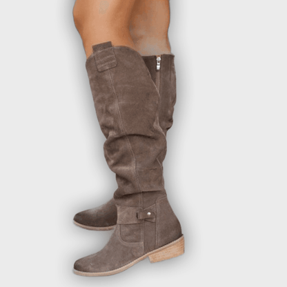 Amaya – Women’s Knee-High Suede-Look Boots with Buckle Detail & Side Zip