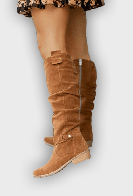 Amaya – Women’s Knee-High Suede-Look Boots with Buckle Detail & Side Zip