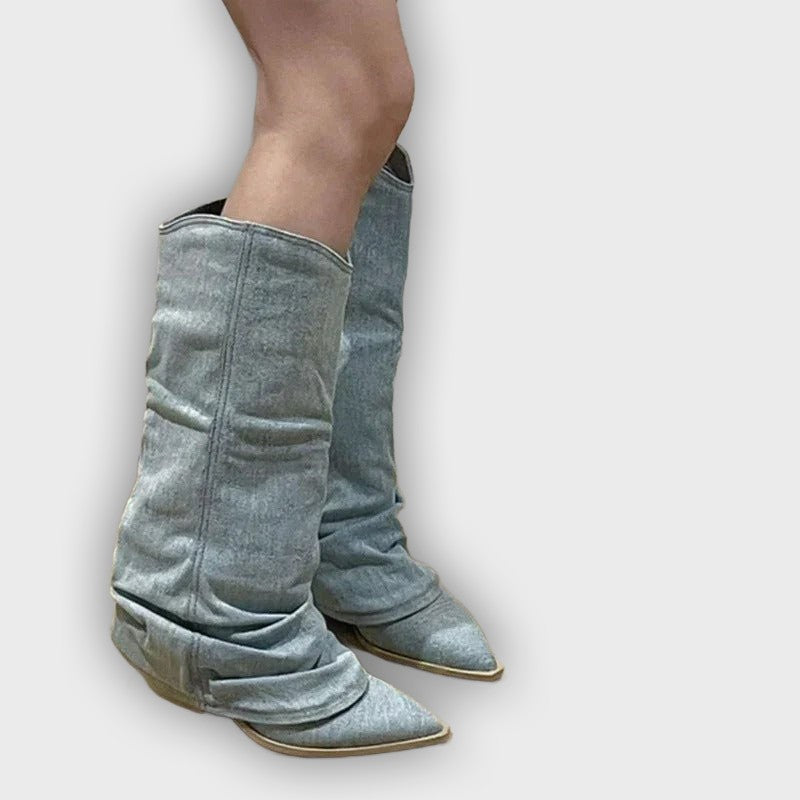 Dakota – Women’s Knee-High Denim Cowboy Boots with Western Stitching
